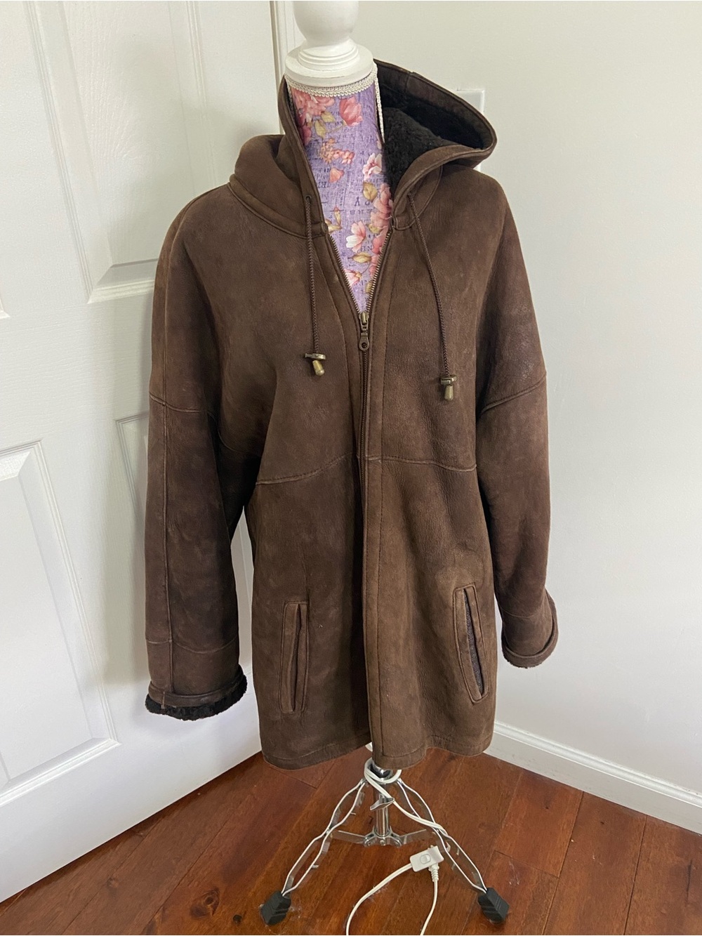 Calfate men’s vintage winter brown hooded shearling coat XL